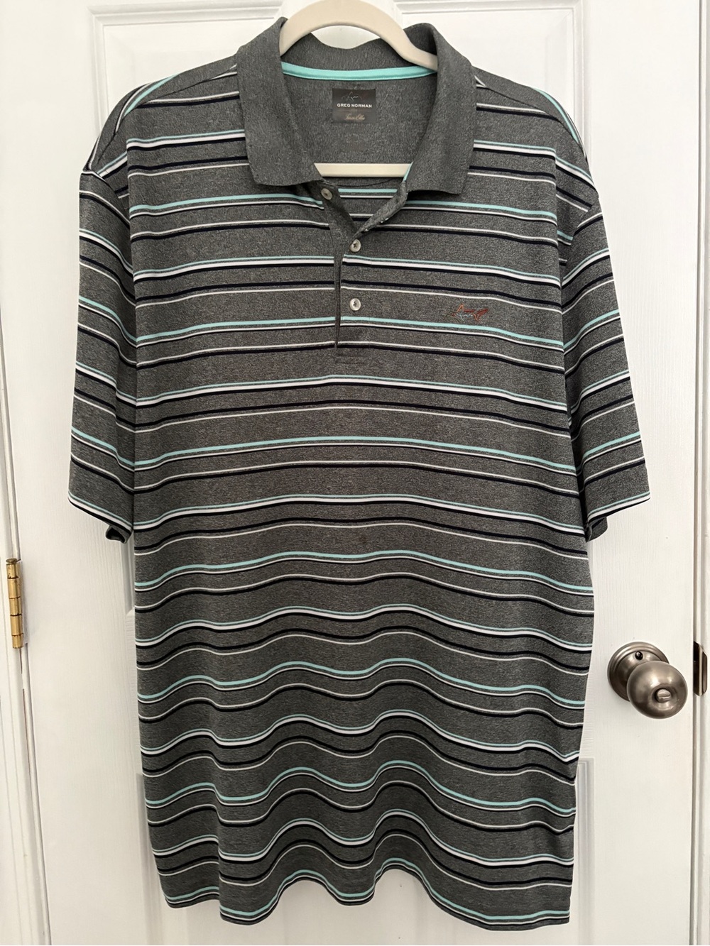 Greg Norman Collection Charcoal Polo with Aqua and Black Stripes#0041
